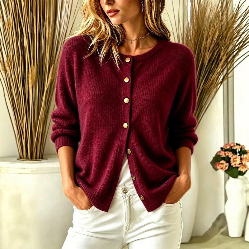 Damen Kuscheliger Strickcardigan mit Rundhalsausschnitt und goldenen Zierknöpfen Nord Taschen