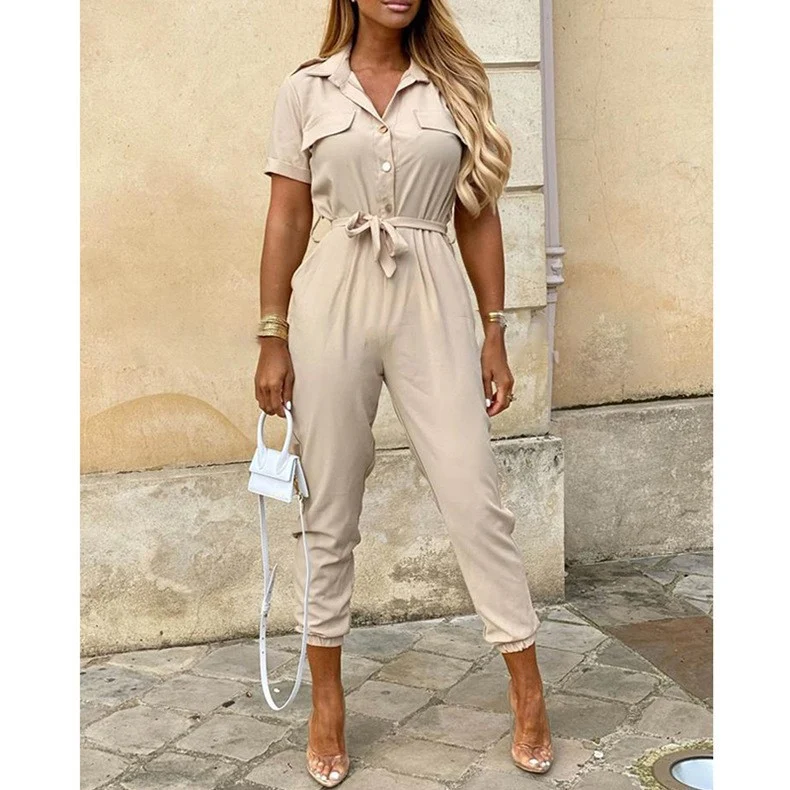Damen Kurzarm-Utility-Overall mit Taillenbindegürtel und schmalem Joggerbein Nord Taschen