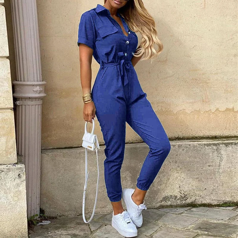 Damen Kurzarm-Utility-Overall mit Taillenbindegürtel und schmalem Joggerbein Nord Taschen