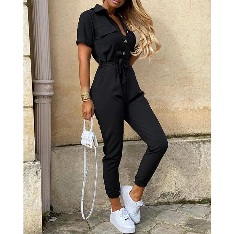 Damen Kurzarm-Utility-Overall mit Taillenbindegürtel und schmalem Joggerbein Nord Taschen