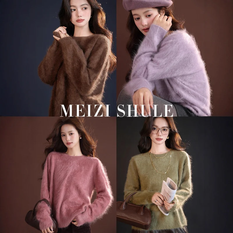 Damen Flauschiger Mohair-Optik Strickpullover mit Rundhalsausschnitt Nord Taschen