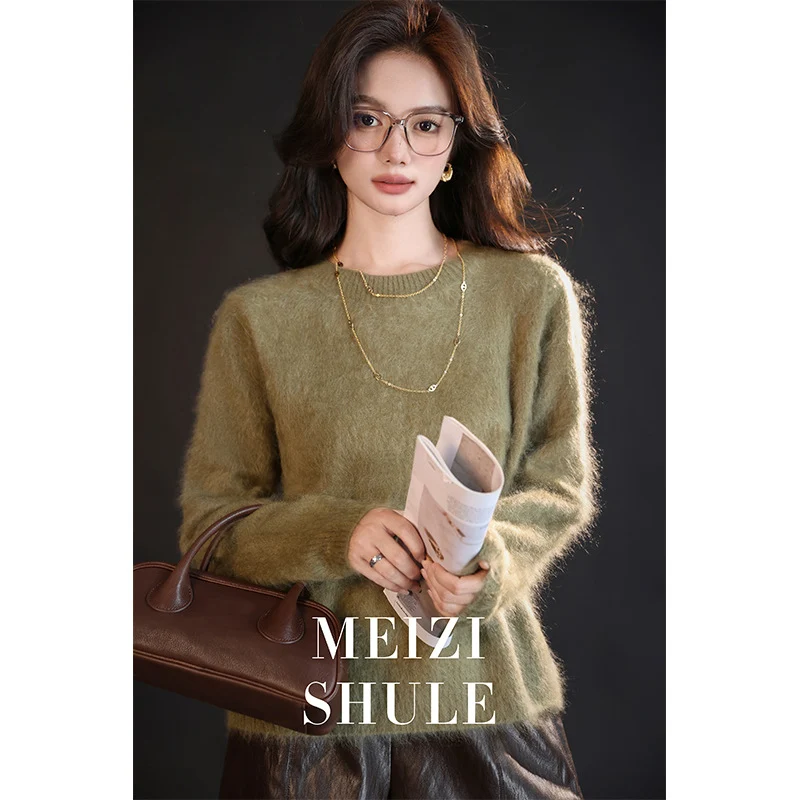 Damen Flauschiger Mohair-Optik Strickpullover mit Rundhalsausschnitt Nord Taschen