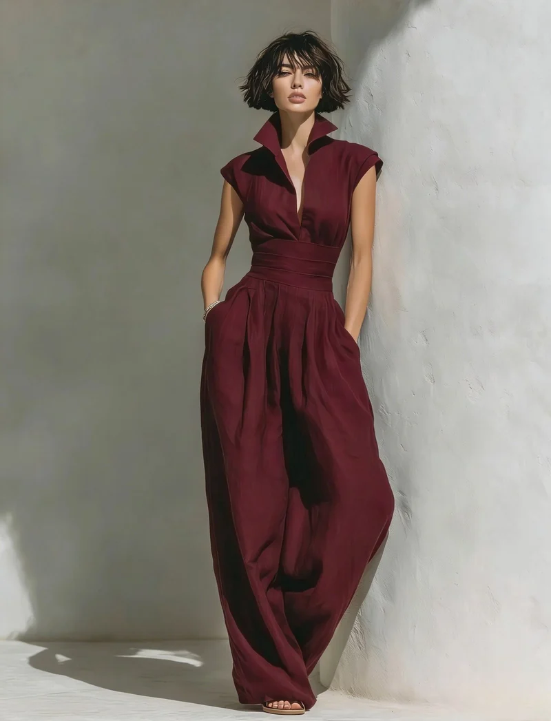 Damen Jumpsuit mit weitem Bein, tailliertem Wickelbund und Stehkragen Nord Taschen