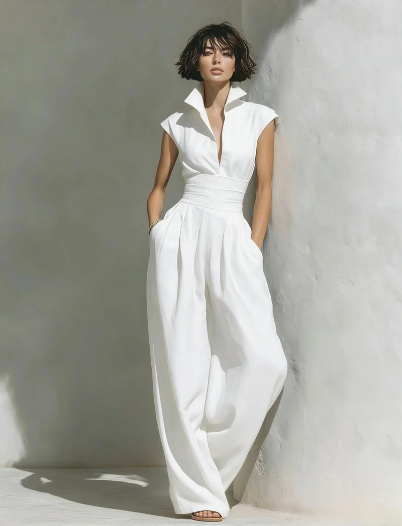 Damen Jumpsuit mit weitem Bein, tailliertem Wickelbund und Stehkragen Nord Taschen