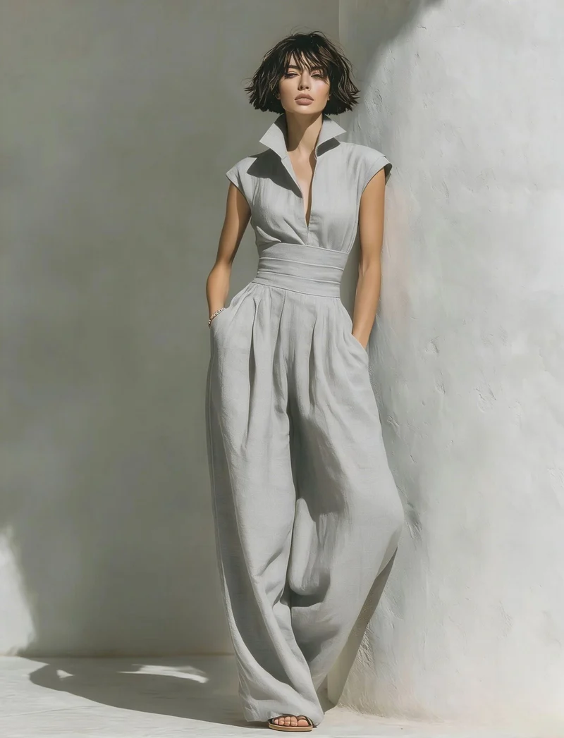 Damen Jumpsuit mit weitem Bein, tailliertem Wickelbund und Stehkragen Nord Taschen