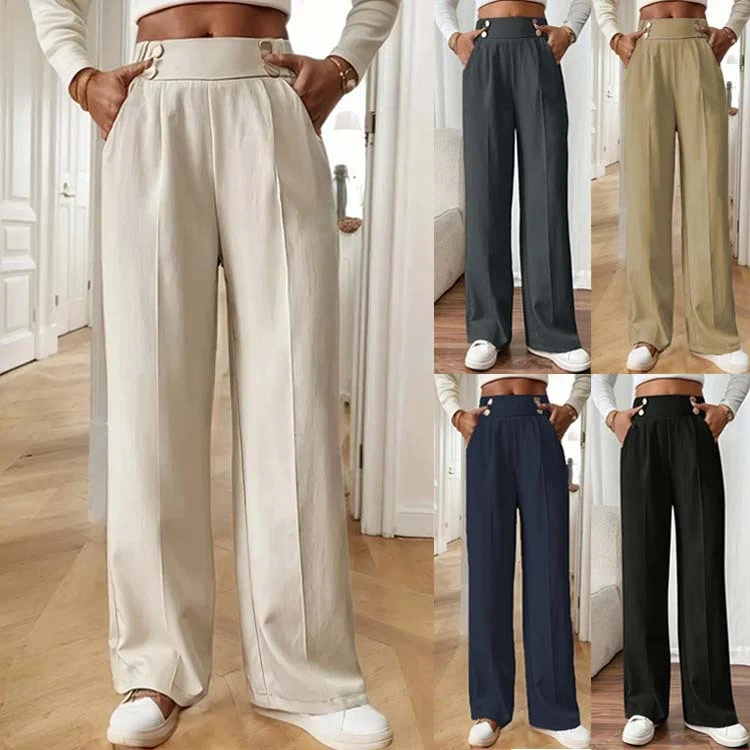Damen Hochtaillierte weite Marlene-Hose mit Zierknopf-Bund und Bügelfalte Nord Taschen