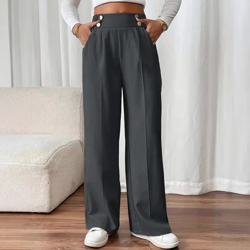 Damen Hochtaillierte weite Marlene-Hose mit Zierknopf-Bund und Bügelfalte Nord Taschen