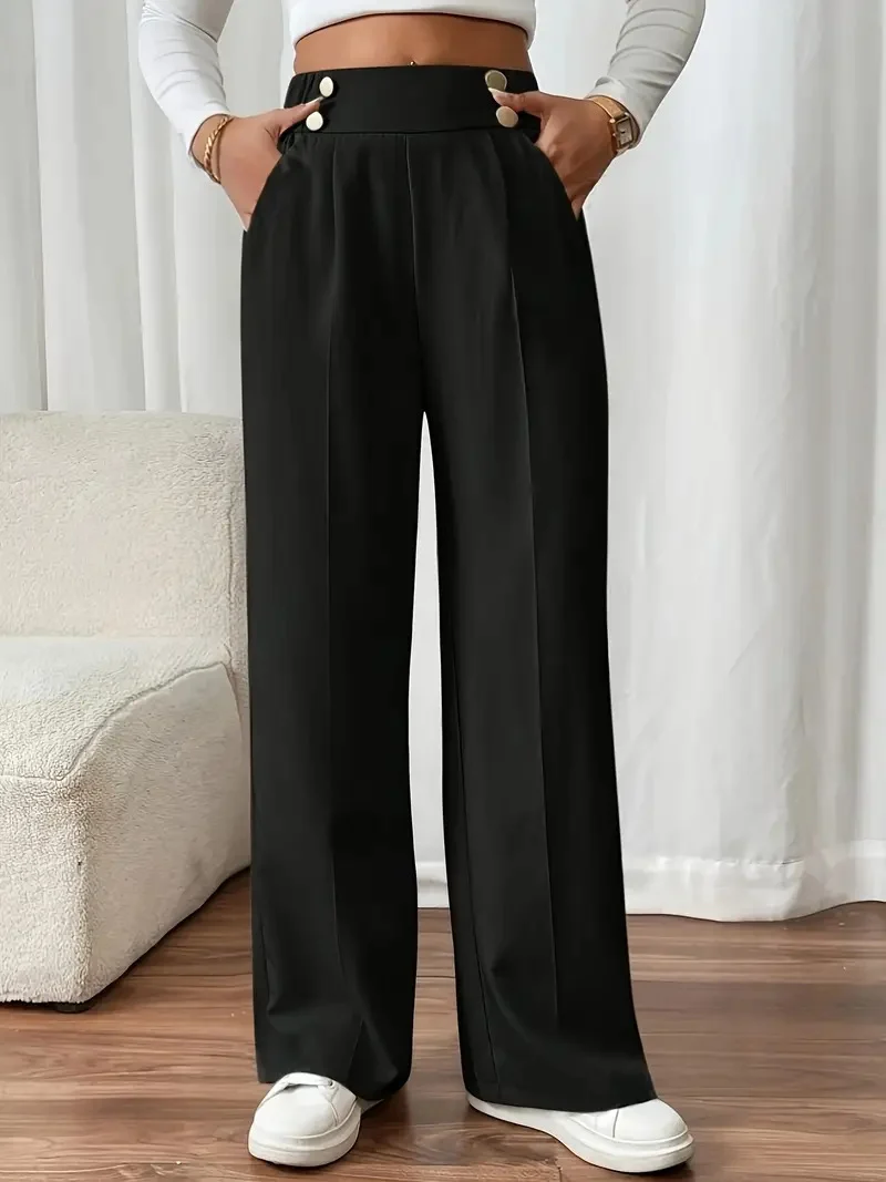 Damen Hochtaillierte weite Marlene-Hose mit Zierknopf-Bund und Bügelfalte Nord Taschen