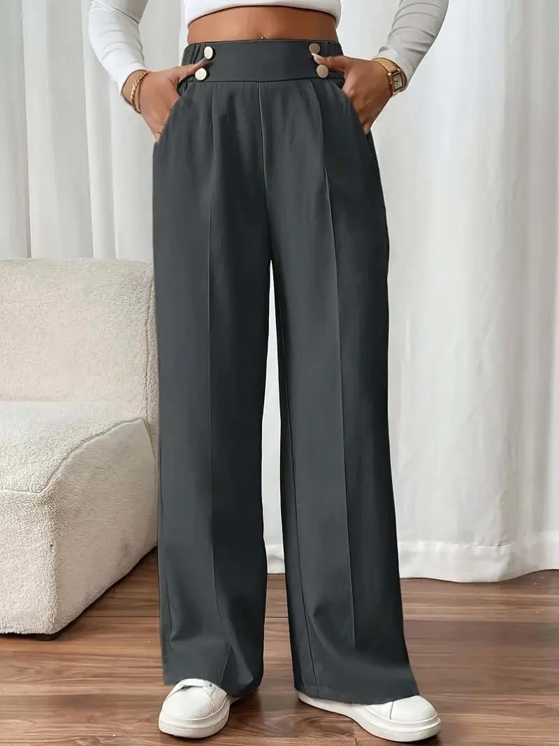 Damen Hochtaillierte weite Marlene-Hose mit Zierknopf-Bund und Bügelfalte Nord Taschen