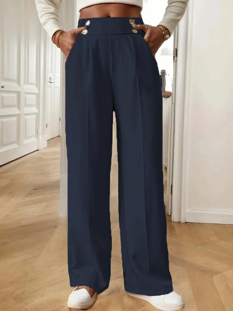 Damen Hochtaillierte weite Marlene-Hose mit Zierknopf-Bund und Bügelfalte Nord Taschen