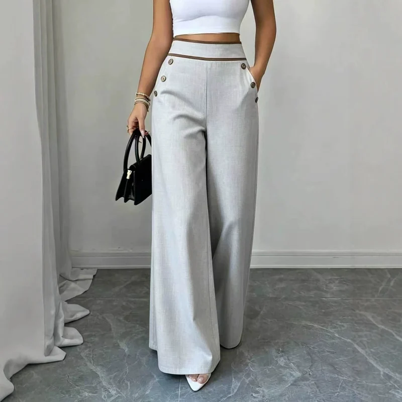 Damen Hochtaillierte Palazzo-Hose mit Zierknöpfen und weitem Bein Nord Taschen