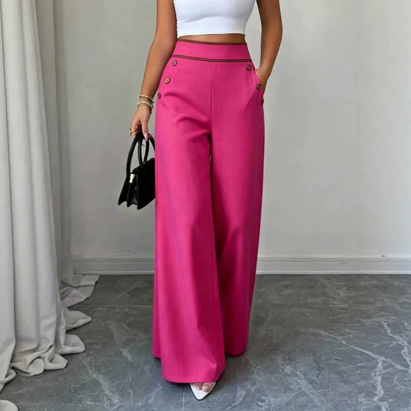 Damen Hochtaillierte Palazzo-Hose mit Zierknöpfen und weitem Bein Nord Taschen