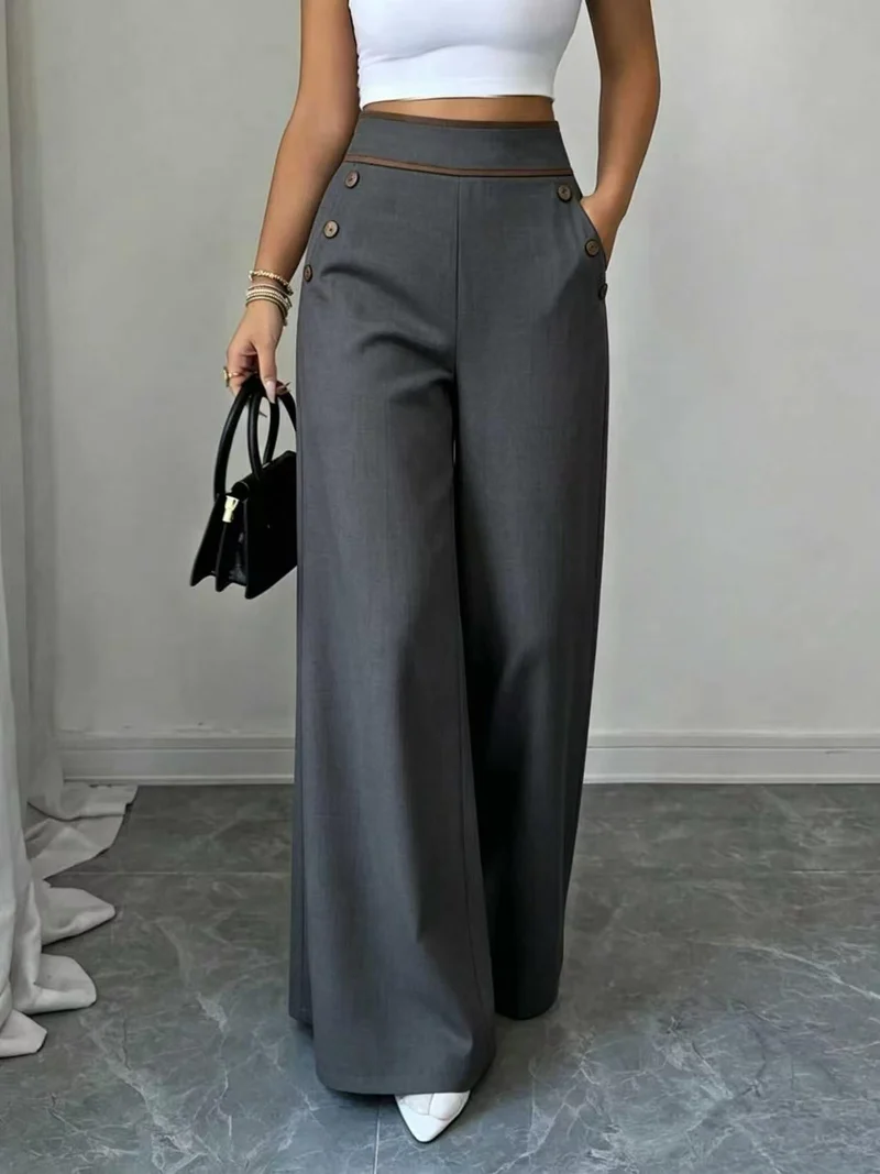 Damen Hochtaillierte Palazzo-Hose mit Zierknöpfen und weitem Bein Nord Taschen