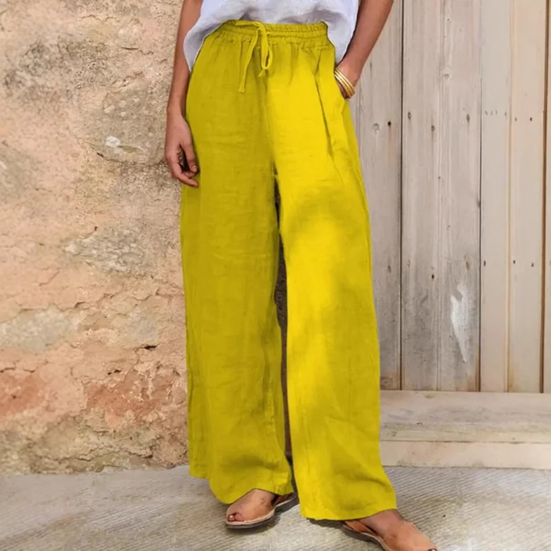 Damen Hochgeschnittene Leinenpalazzo-Hose mit Kordelzug und weitem Bein Nord Taschen