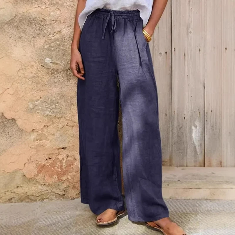 Damen Hochgeschnittene Leinenpalazzo-Hose mit Kordelzug und weitem Bein Nord Taschen