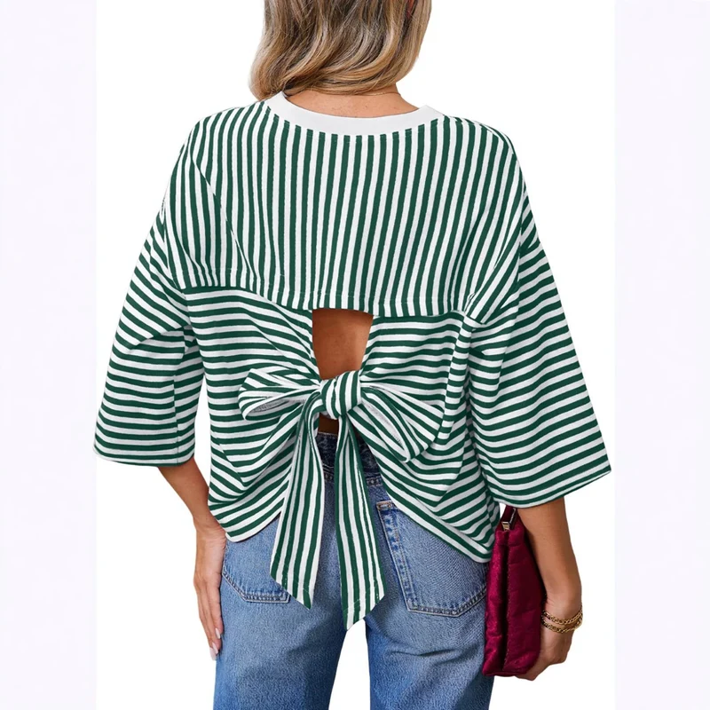 Damen Gestreiftes Oversize-Shirt mit Rückenausschnitt und Schleifenbindung Nord Taschen