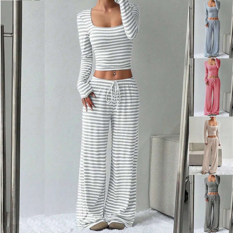 Damen Gestreifter Lounge-Zweiteiler mit weitem Bein und Cropped Langarmtop Nord Taschen