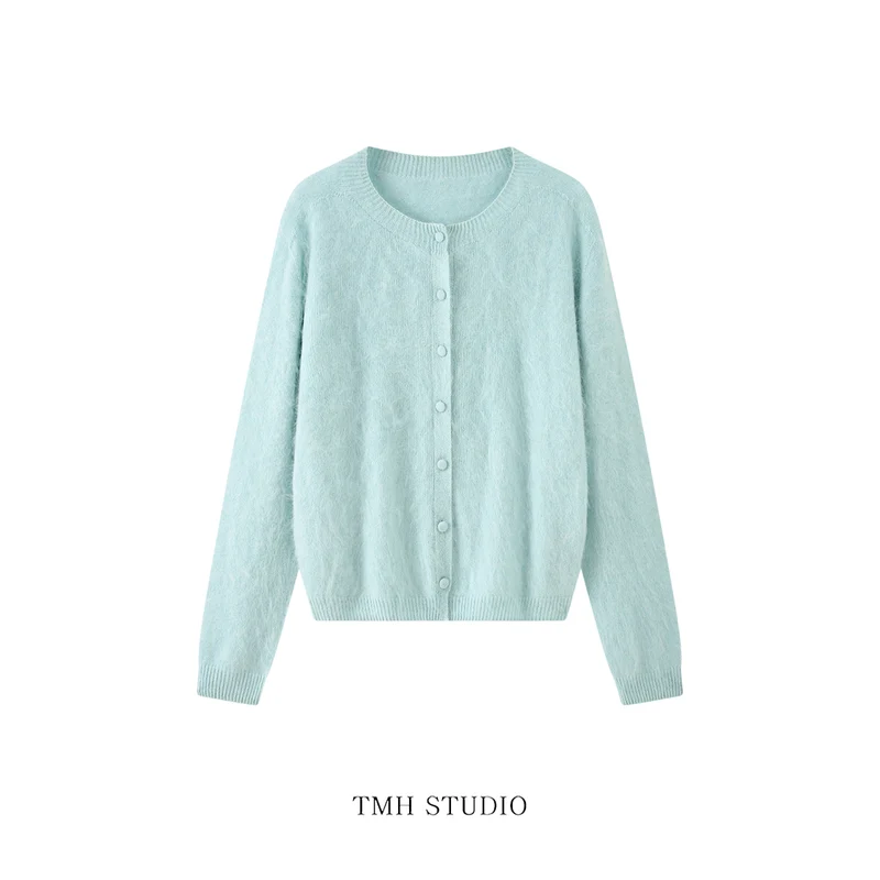 Damen Feinstrick-Cardigan in Mohair-Optik mit stoffbezogenen Knöpfen Nord Taschen