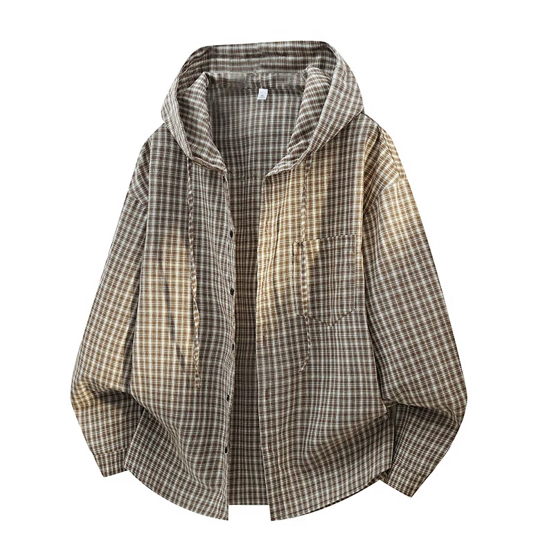 Herren Oversized Karo‑Überhemd mit Kapuze, Tunnelzug & verdeckter Knopfleiste Nord Taschen