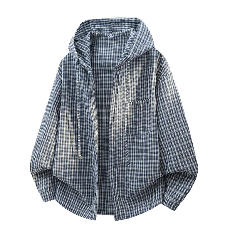 Herren Oversized Karo‑Überhemd mit Kapuze, Tunnelzug & verdeckter Knopfleiste Nord Taschen
