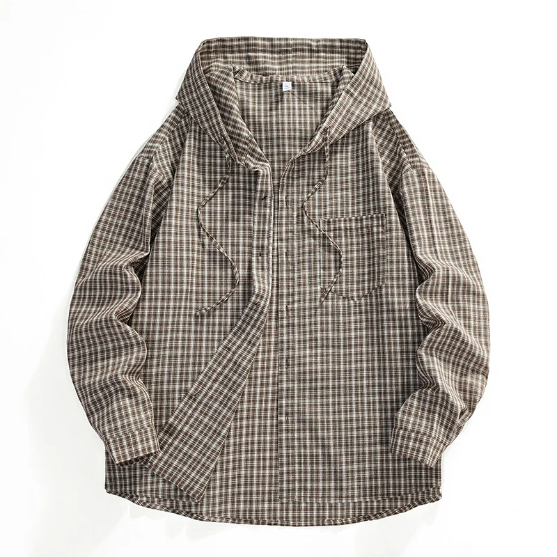 Herren Oversized Karo‑Überhemd mit Kapuze, Tunnelzug & verdeckter Knopfleiste Nord Taschen