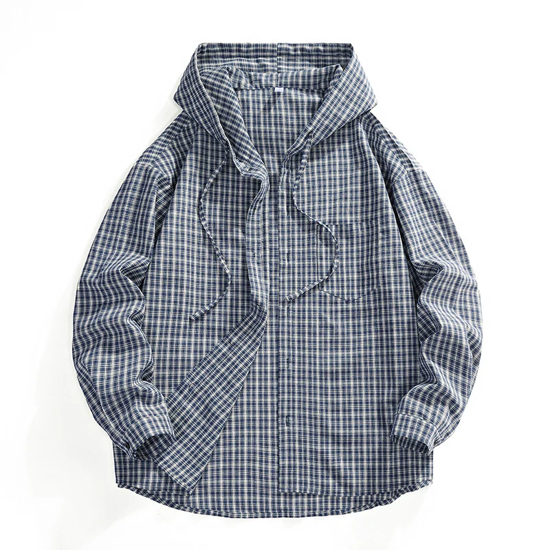 Herren Oversized Karo‑Überhemd mit Kapuze, Tunnelzug & verdeckter Knopfleiste Nord Taschen