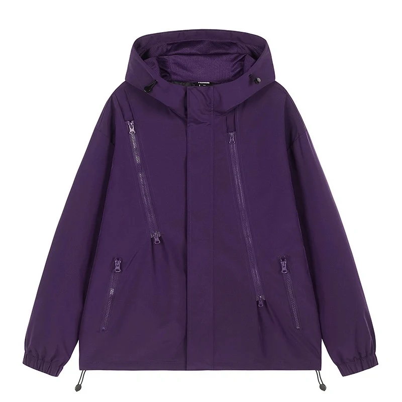 Damen Kurze technische Kapuzenjacke mit asymmetrischen Reißverschlüssen & Kordelzug Nord Taschen