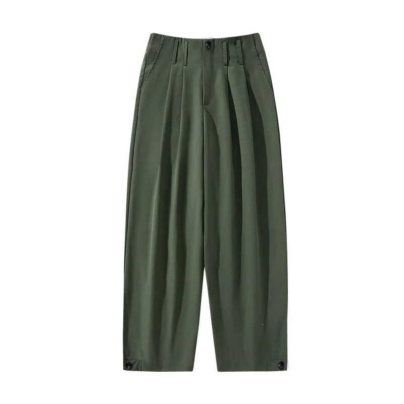 Damen Hochtaillierte weite Bundfaltenhose mit verkürztem Bein und verstellbaren Knopf-Bündchen Nord Taschen