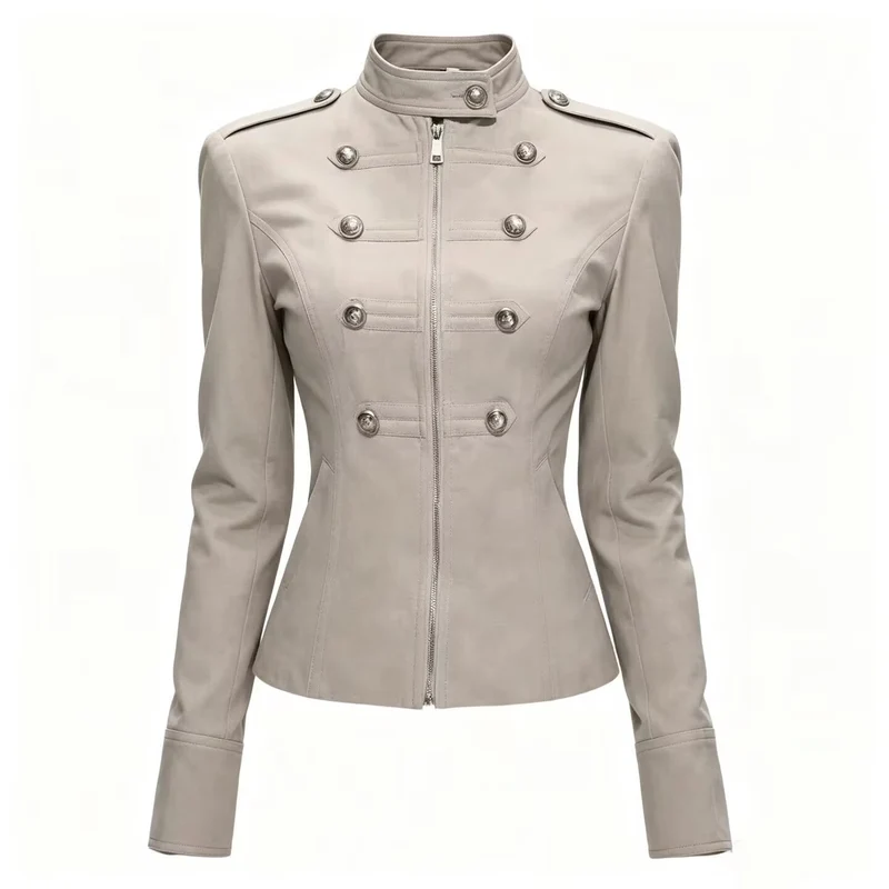 Damen Taillierte Military‑Inspired Jacke mit Stehkragen, Zierknopfreihe und Reißverschluss Nord Taschen