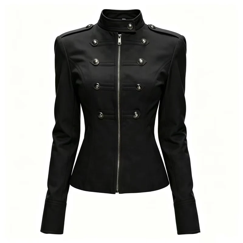 Damen Taillierte Military‑Inspired Jacke mit Stehkragen, Zierknopfreihe und Reißverschluss Nord Taschen