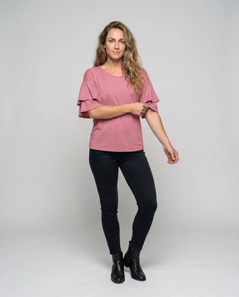 Damen V-Ausschnitt T-Shirt mit Rüschenärmel