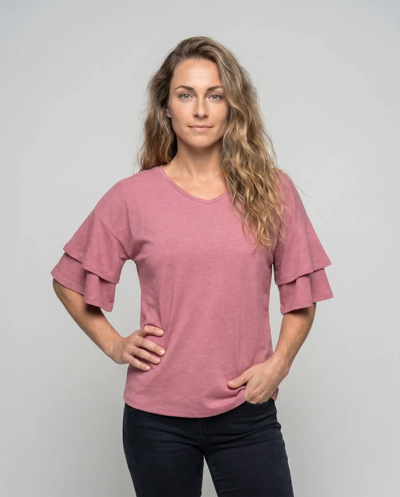 Damen V-Ausschnitt T-Shirt mit Rüschenärmel