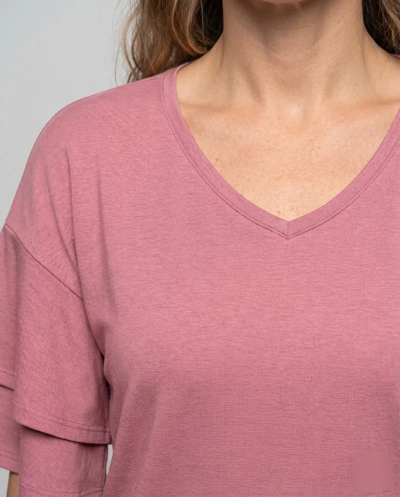 Damen V-Ausschnitt T-Shirt mit Rüschenärmel