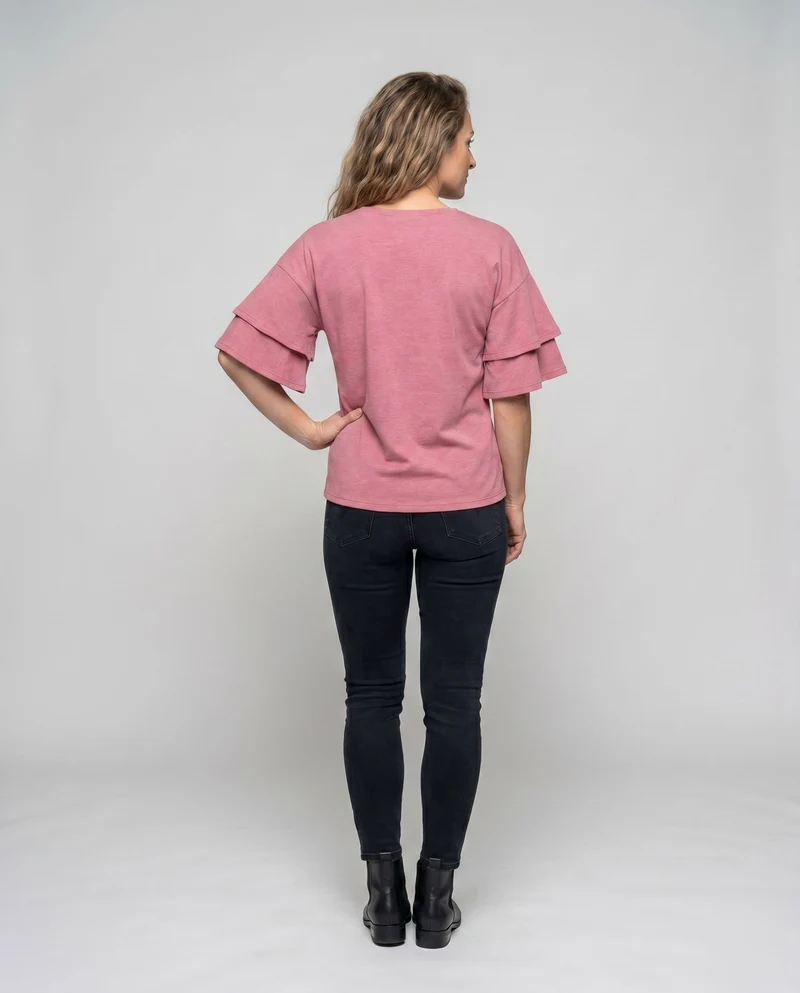 Damen V-Ausschnitt T-Shirt mit Rüschenärmel