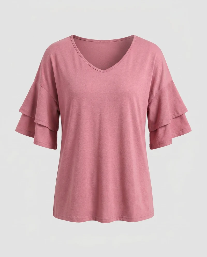 Damen V-Ausschnitt T-Shirt mit Rüschenärmel