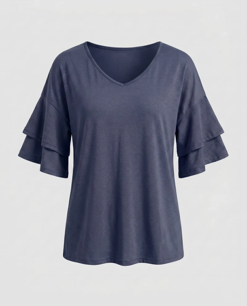 Damen V-Ausschnitt T-Shirt mit Rüschenärmel