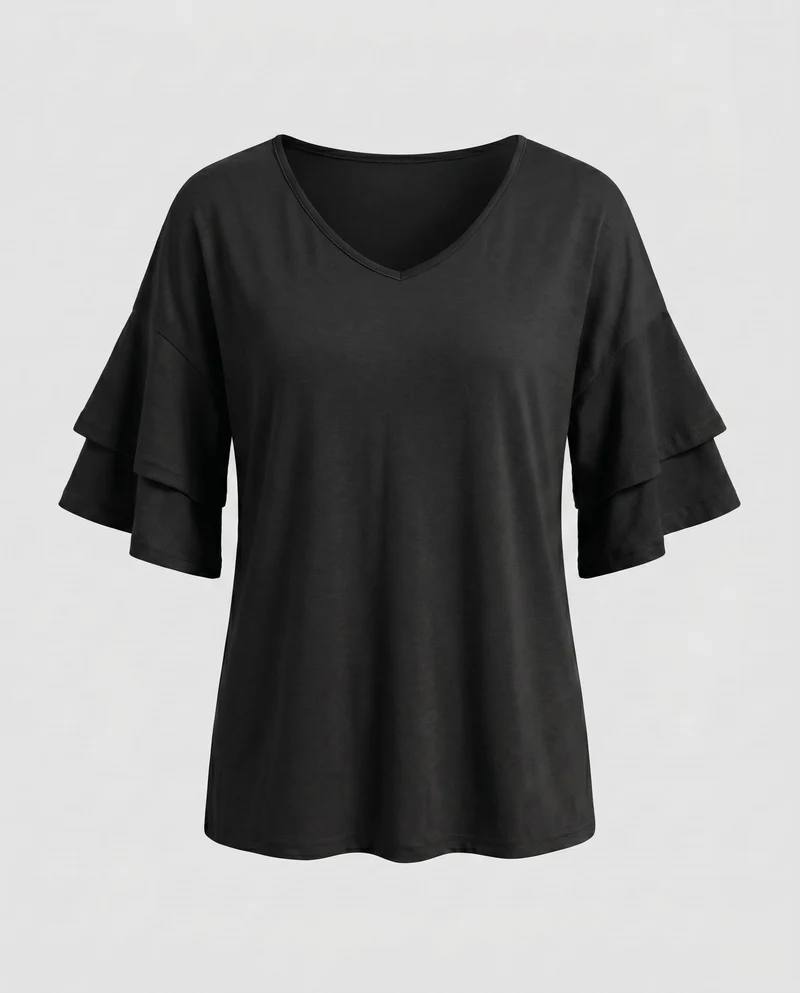 Damen V-Ausschnitt T-Shirt mit Rüschenärmel