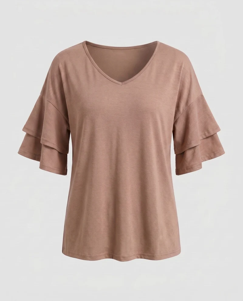 Damen V-Ausschnitt T-Shirt mit Rüschenärmel