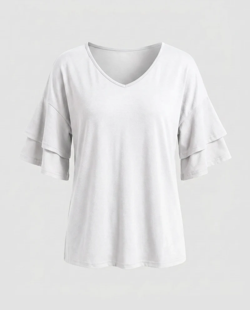 Damen V-Ausschnitt T-Shirt mit Rüschenärmel