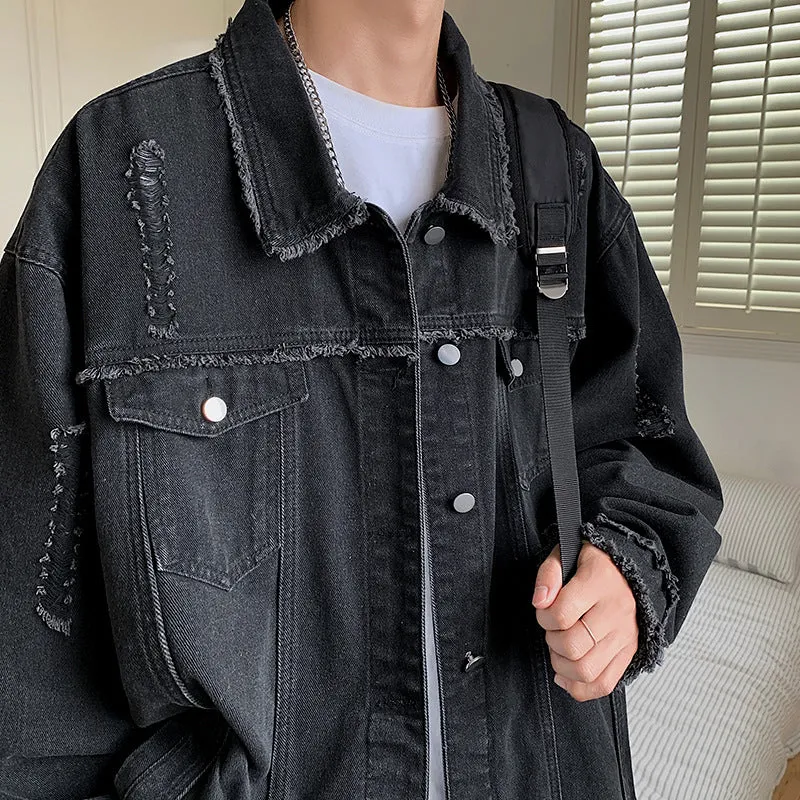 Herren Oversize Jeansjacke mit Used‑Look, ausgefransten Kanten und Druckknöpfen Nord Taschen