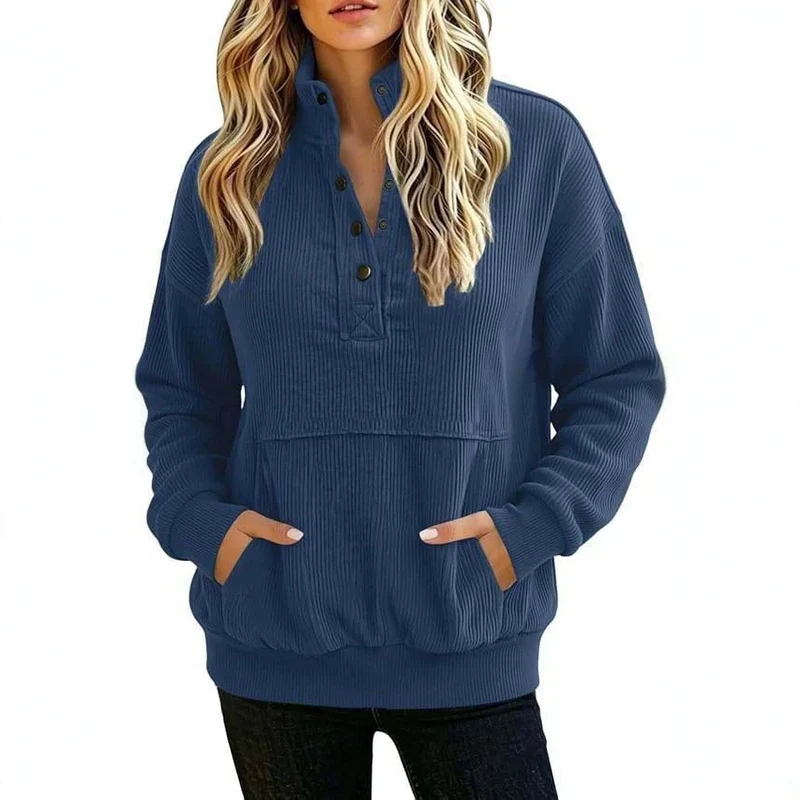 Damen gerippter Henley-Pullover mit Stehkragen und Kängurutasche Nord Taschen