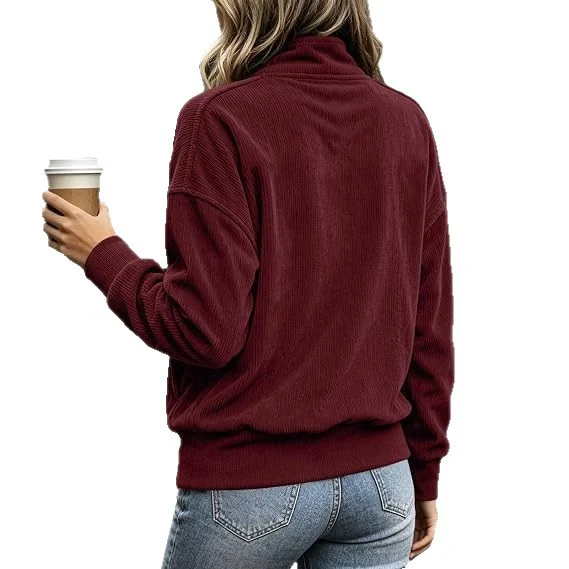 Damen gerippter Henley-Pullover mit Stehkragen und Kängurutasche Nord Taschen