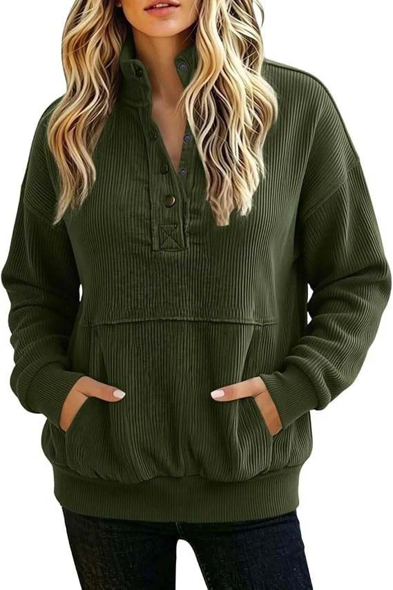 Damen gerippter Henley-Pullover mit Stehkragen und Kängurutasche Nord Taschen