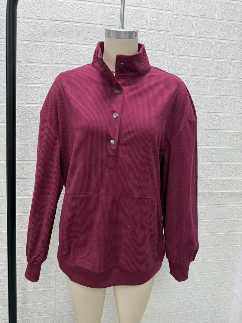 Damen gerippter Henley-Pullover mit Stehkragen und Kängurutasche Nord Taschen