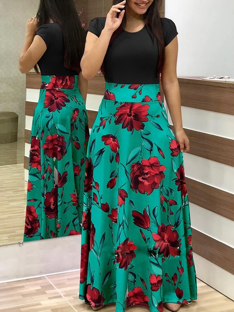 Damen Fließender Maxirock mit hoher Taille und großem Blumenprint Nord Taschen