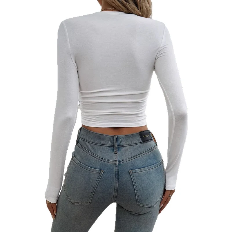 Damen Figurbetontes langärmeliges Crop-Shirt mit seitlicher Raffung Nord Taschen