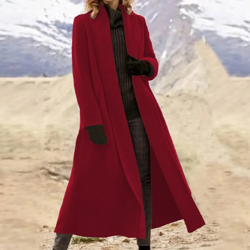 Damen eleganter langer Wollmix-Mantel mit offenem Fall und seitlichen Eingrifftaschen Nord Taschen