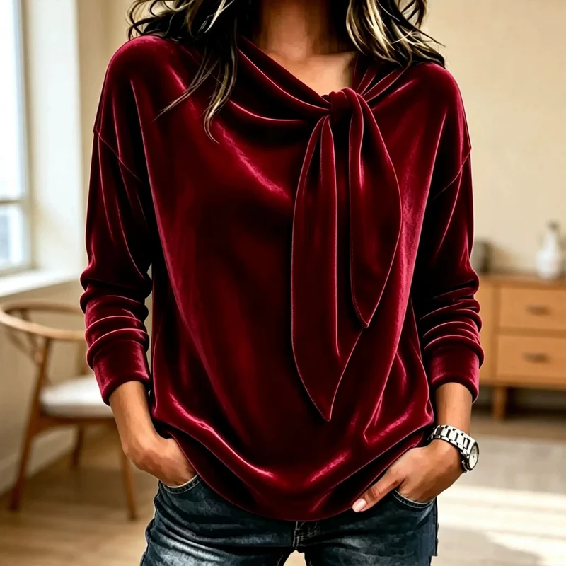 Damen Drapiertes Velours-Sweatshirt mit Knotenschalkragen Nord Taschen