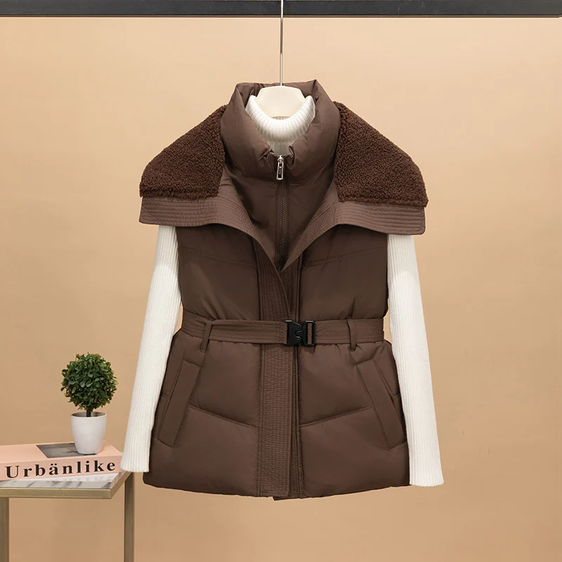 Damen nan wattierte Steppweste mit Strickärmeln und Teddykragen tailliertem Gürtel Nord Taschen