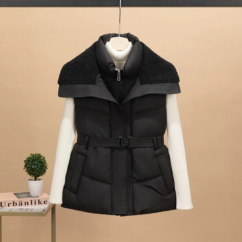 Damen nan wattierte Steppweste mit Strickärmeln und Teddykragen tailliertem Gürtel Nord Taschen